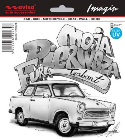 5x NAKLEJKA WLEP ZNACZEK TATTOO NA AUTO FOLIA SAMOPRZYLEPNA MOJA PIERWSZA FURA TRABANT   14 x 14cm 1/25079